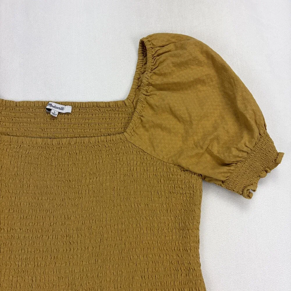 Madewell Smocked Puff Sleeve‎ Top Mustard Square Neck L